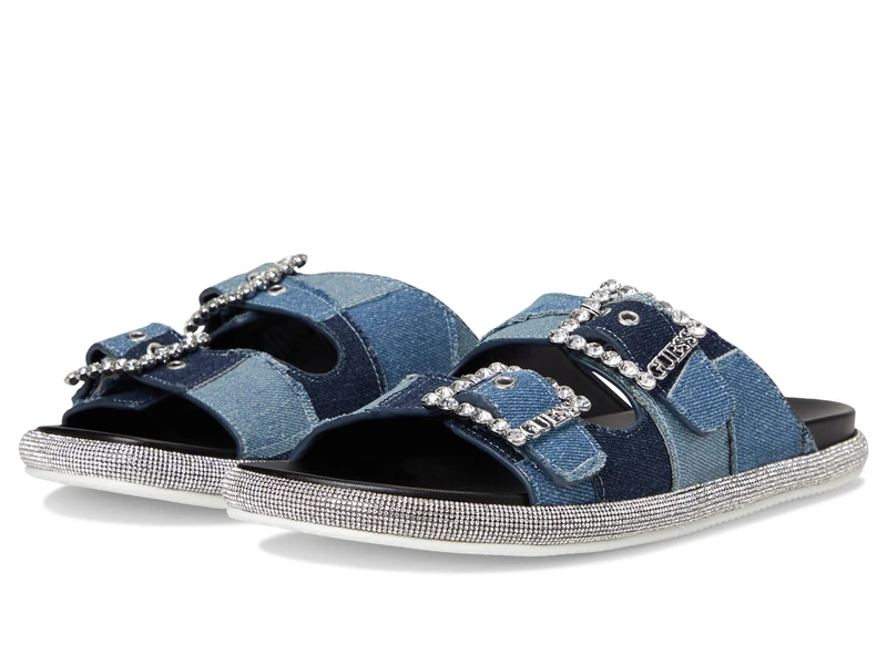 GUESS Women's Funzy Flat Sandal, Medium Blue Denim Patchwork 420, 3.5 UK