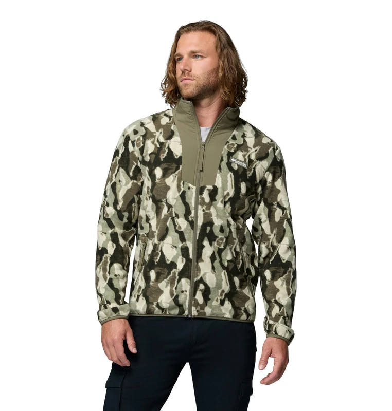 Columbia Men's Sequoia Grove Printed Full Zip, Full Zip Fleece Jacket, Stone Green Treebark, Small