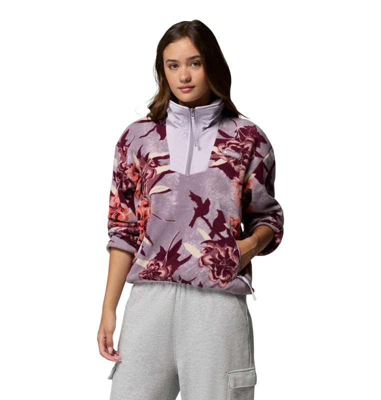 Columbia Women's Sequoia Grove Printed Half Zip, Fleece Pull Over, Shale Purple Blossoming, Small