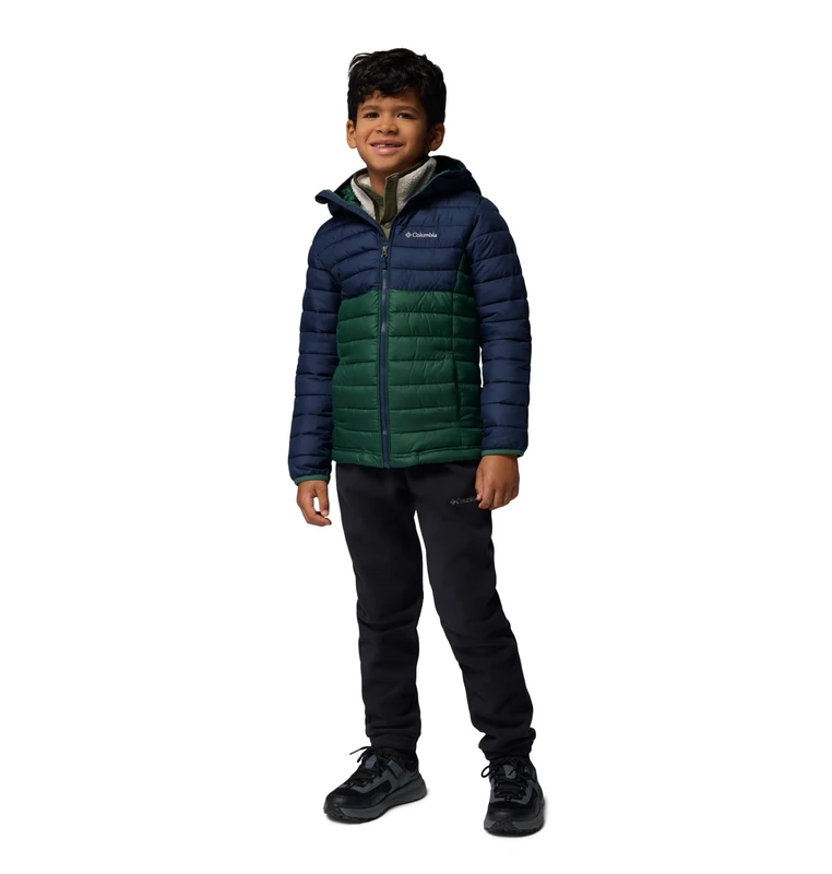Columbia Youth Boys Powder Lite 2 Hooded Jacket, Hooded Puffer Jacket, Rain Forest/Collegiate Navy, XX-Small