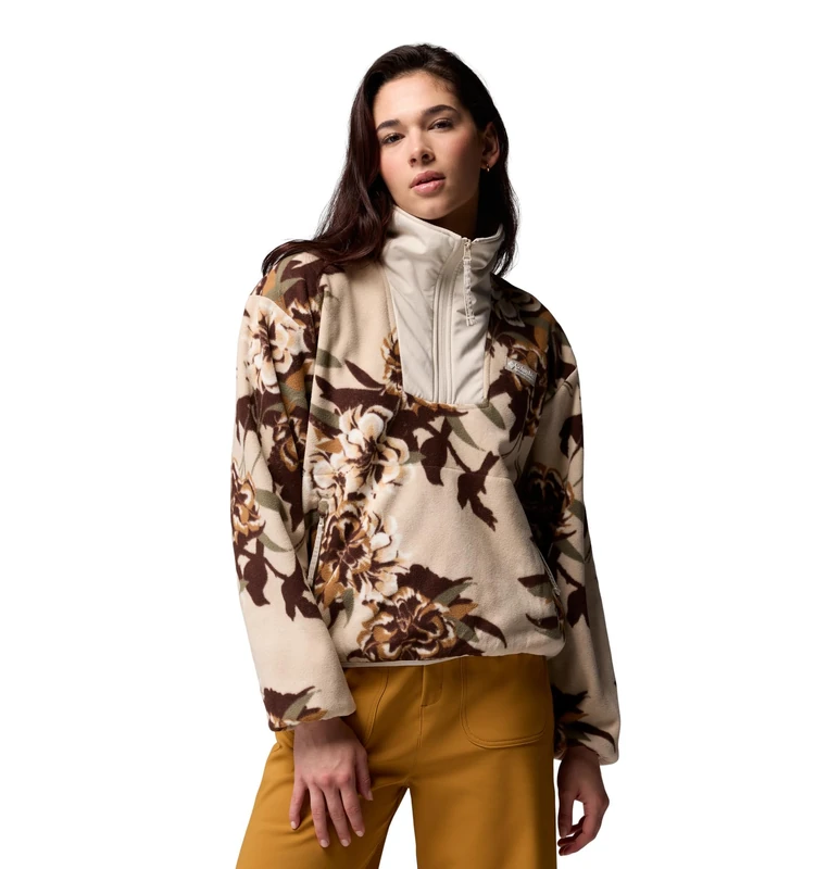 Columbia Women's Sequoia Grove Printed Half Zip, Fleece Pull Over, Dark Stone Blossoming, Large