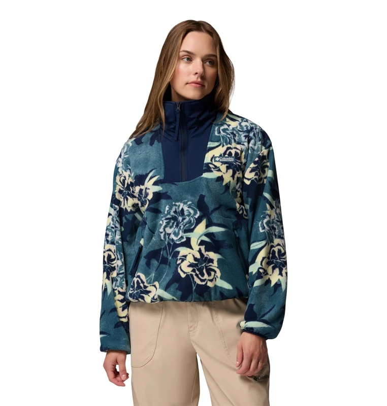 Columbia Women's Sequoia Grove Printed Half Zip, Fleece Pull Over, Everblue Blossoming, Large