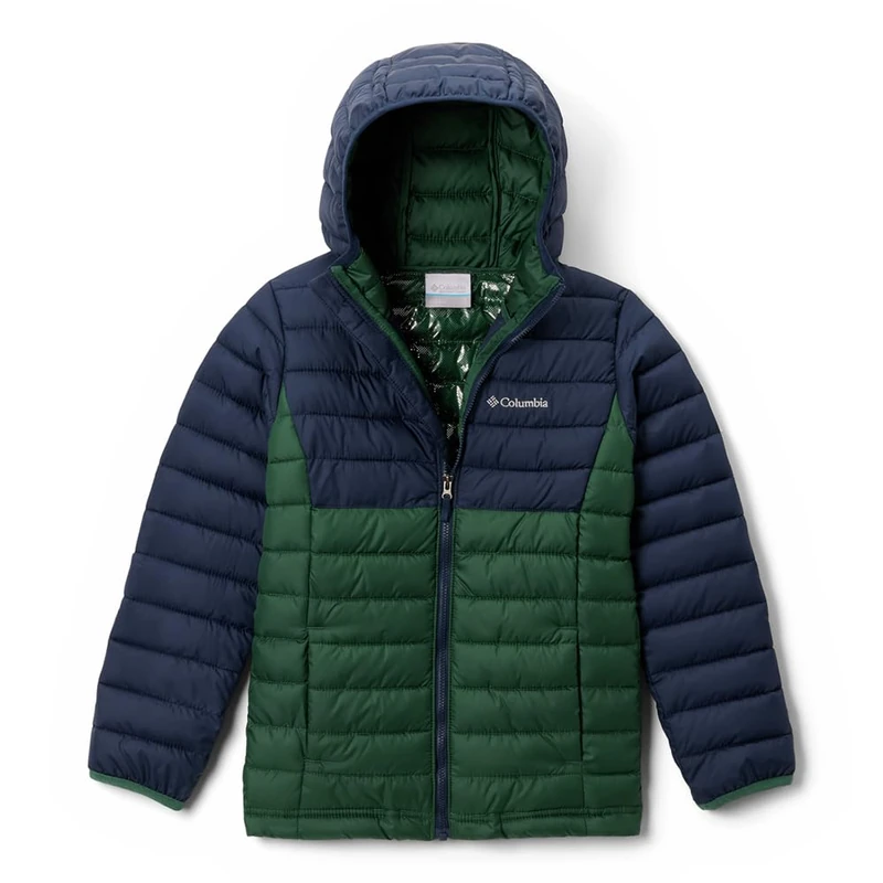 Columbia Youth Boys Powder Lite 2 Hooded Jacket, Hooded Puffer Jacket, Rain Forest, Collegiate Navy, M