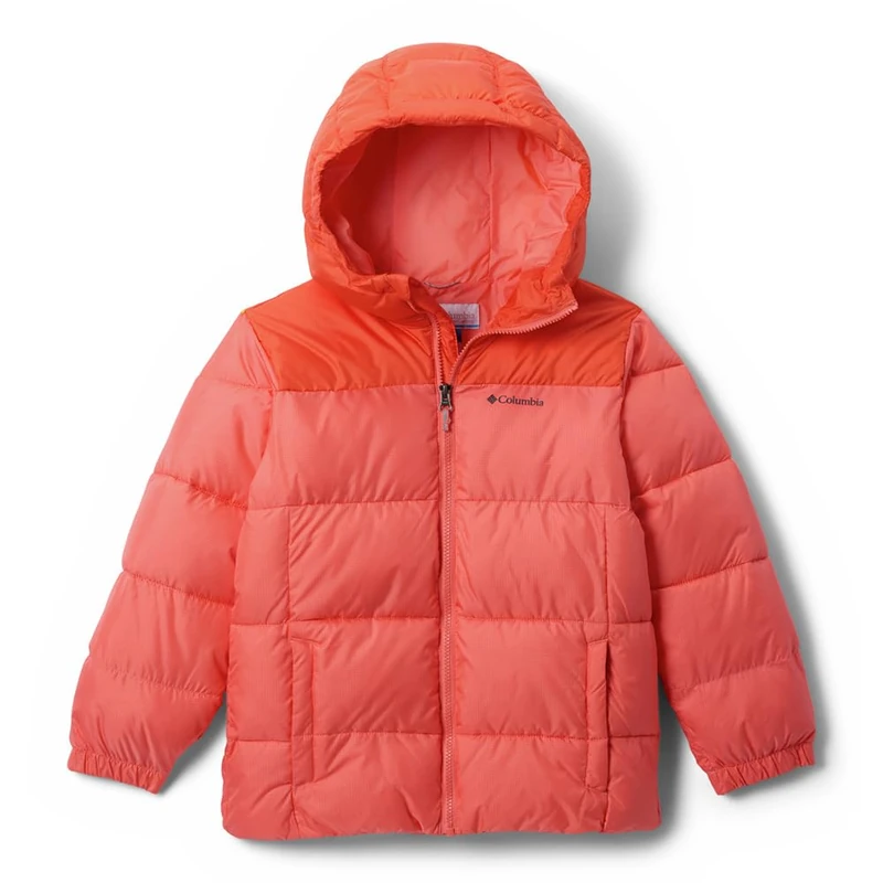 Columbia Youth Unisex Puffect Hooded Jacket, Hooded Puffer Jacket, Hot Coral, Zing, M