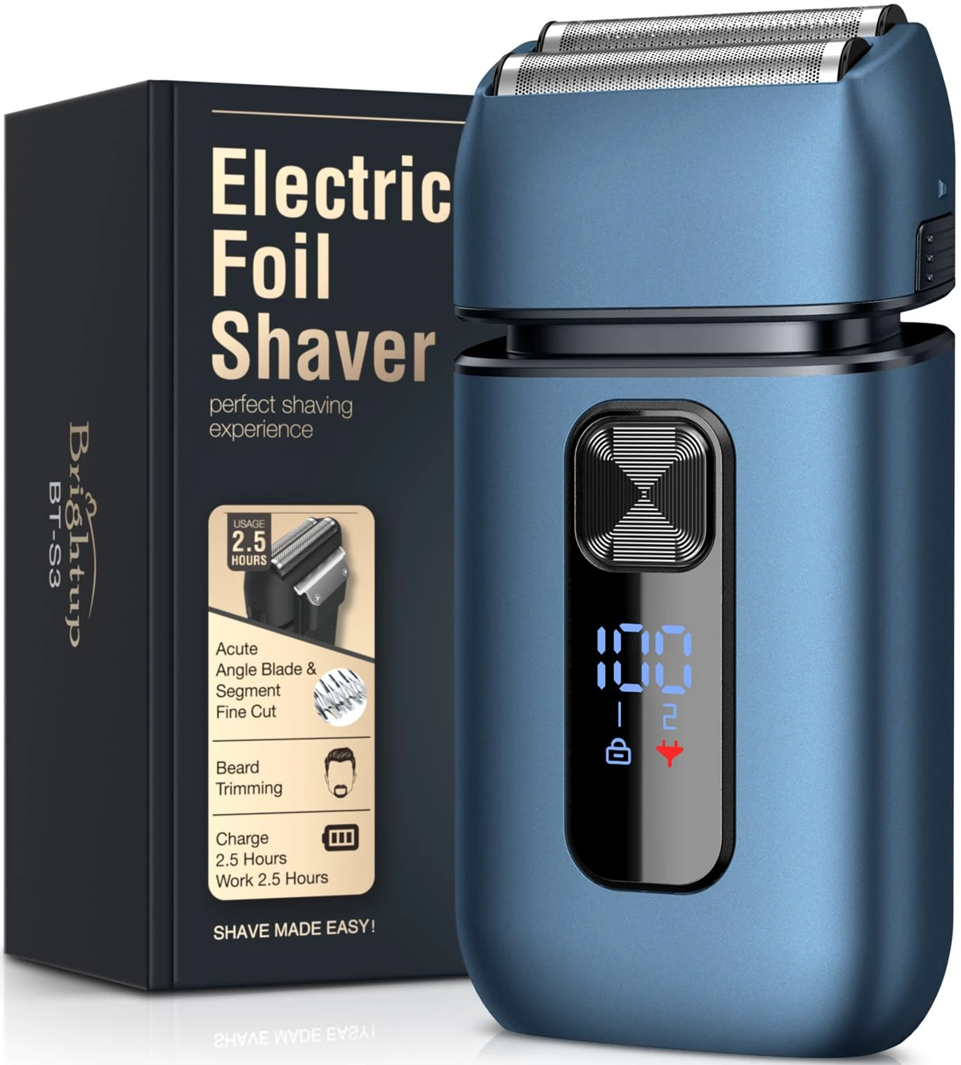 Brightup Foil Shaver, Electric Razor for Men, Upgraded Electric Shaver with Pop Up Trimmer, USB-C Rechargeable, Waterproof, Cordless, Double Floating Blade for Close Shaving, Blue