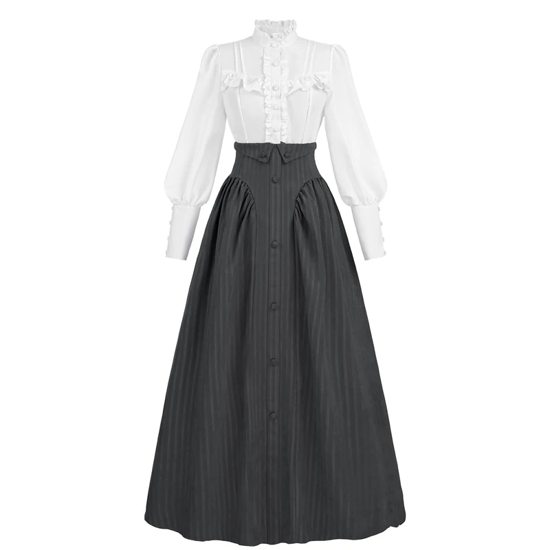 CR ROLECOS Edwardian Victorian Dress for Women 1800s Renaissance Ball Gown Costume with Pockets Black M