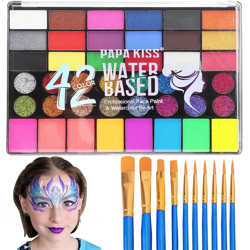 Zefphxs Face Painting Kit, 42 Colors Body Paint With 10 Pcs Brushes, Safe & Non-Toxic Washable for Children Adults Halloween Christmas Party