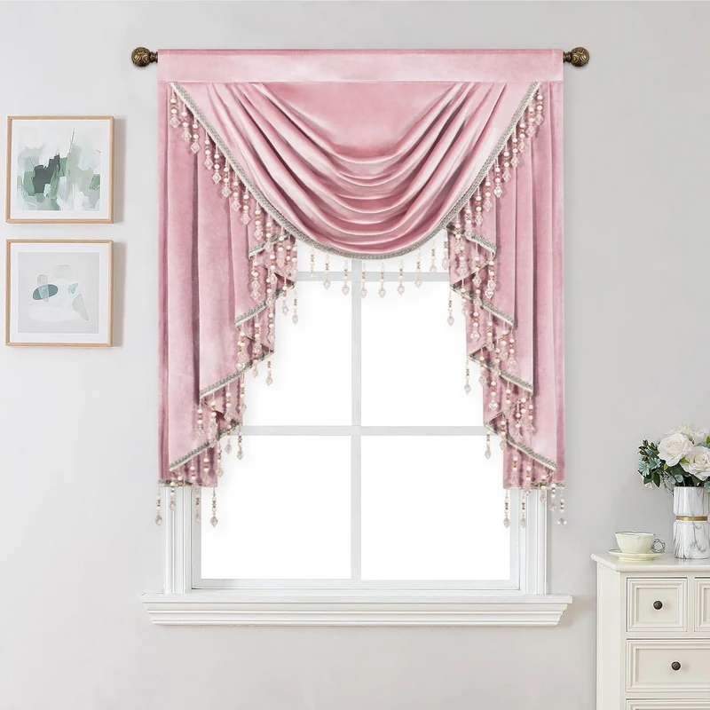 VOGOL Pink Velvet Waterfall Valance, 39 Inch Wide European Style Soft Touch Decorative Drapes for Living Room, Light-Filtering Rod Pocket Window Curtain for Home Office, 1 Panel