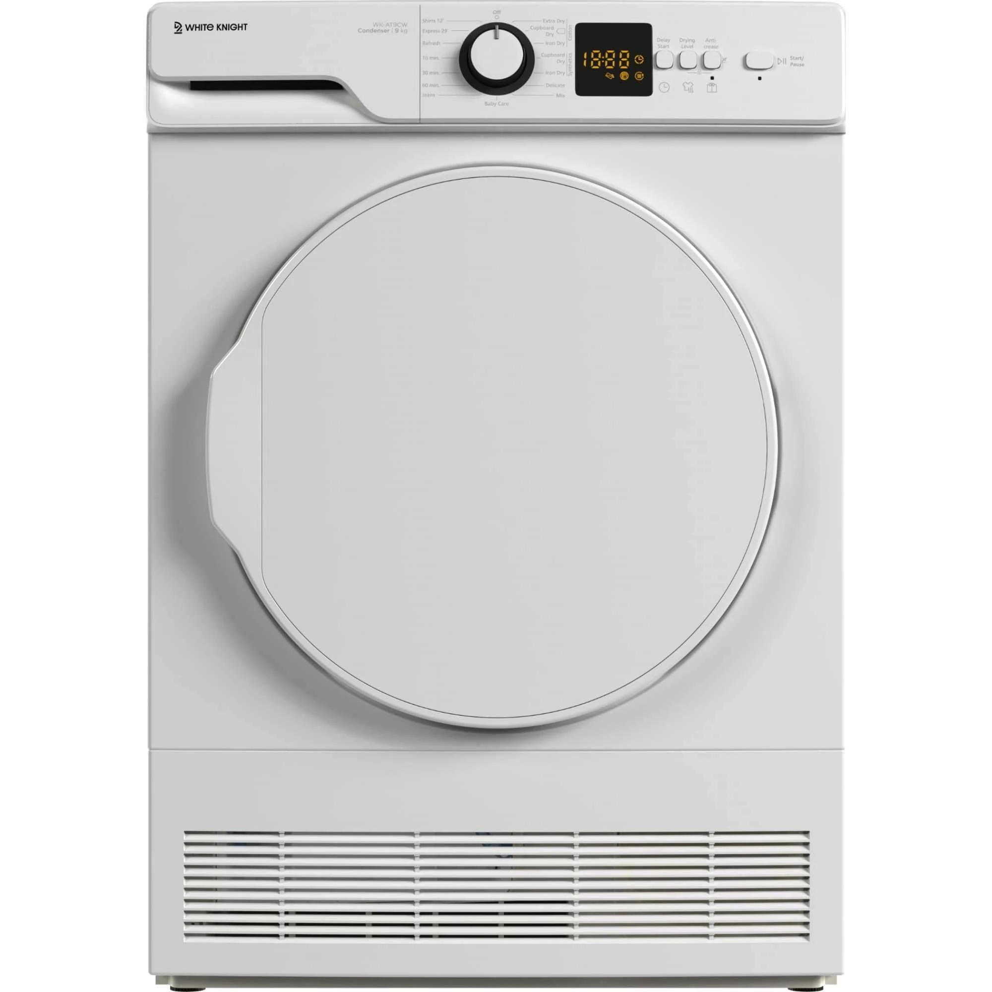White Knight WK-AT9CW 9KG Load Capacity Freestanding Tumble Dryer - 15 Programs, Auto Dry, B Rated - 84.5 x 59.6 x 60 cm - White