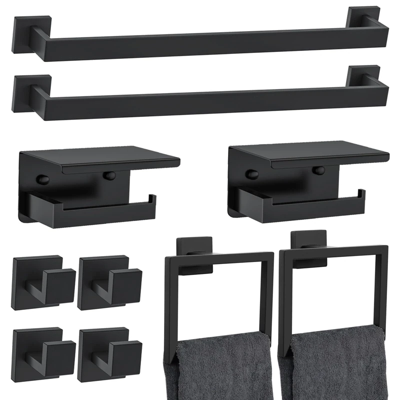 10 Pieces Black Towel Bar Set Bathroom Hardware Accessories Set Upgraded Toilet Paper Holder with Shelf Towel Holder Set for Bathroom Stainless Steel Wall Mounted