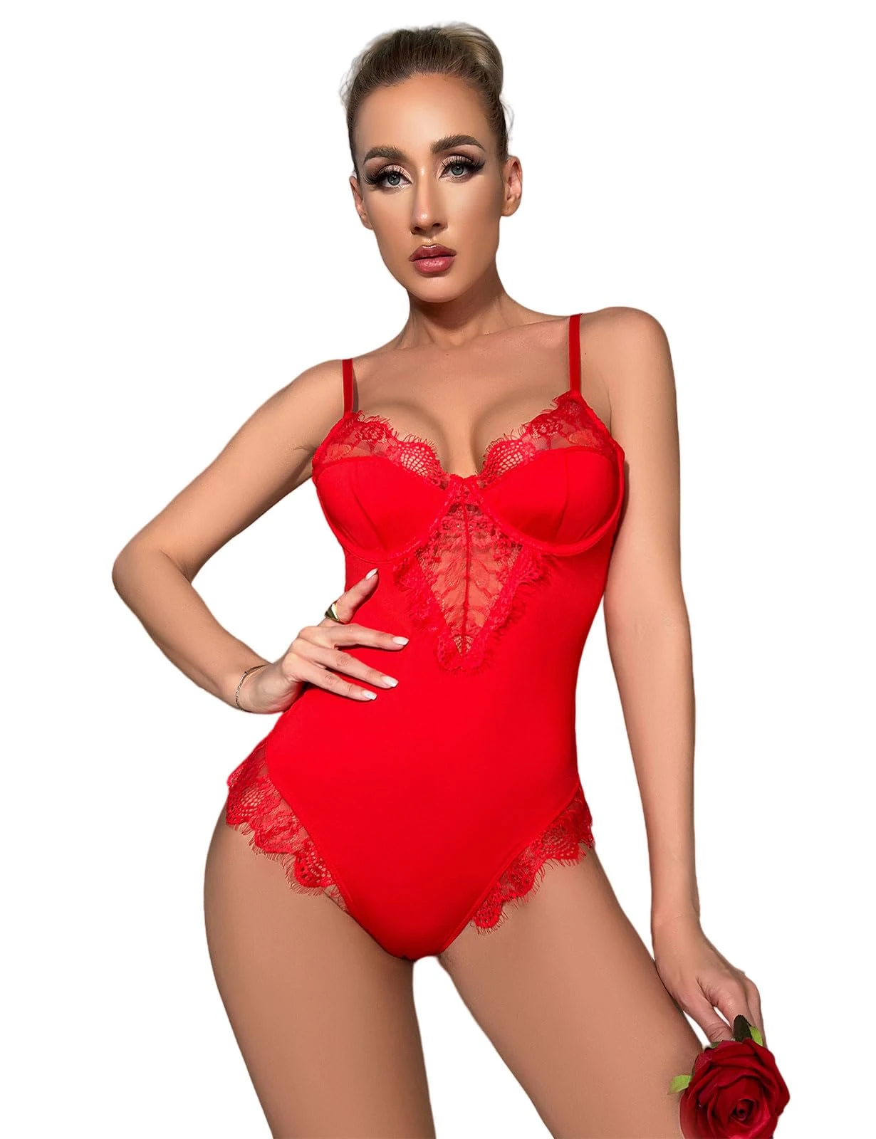 marysgift Tops Bodysuit V Neck Sleeveless One Piece Leotard Underwired Bodysuits 2818 Red XXL UK 14 16