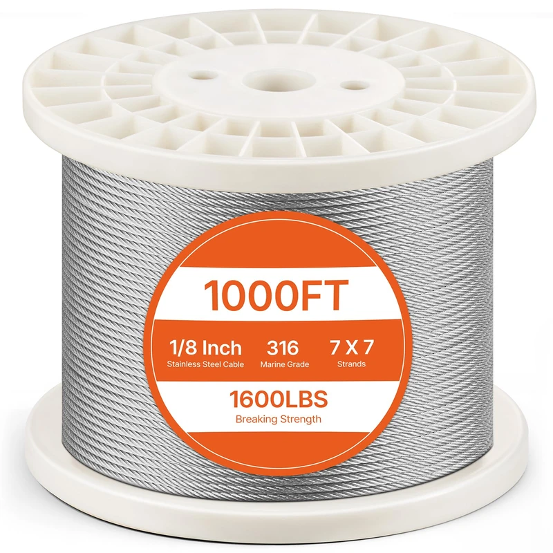 VEVOR Wire Rope Kit, 1/8" 1000 ft 316 Stainless Steel Cable with Cutter and Gloves, 1600 lbs Breaking Strength, 7x7 Strands Construction Marine Aircraft Grade for Handrail Stair Decking Fence Outdoors