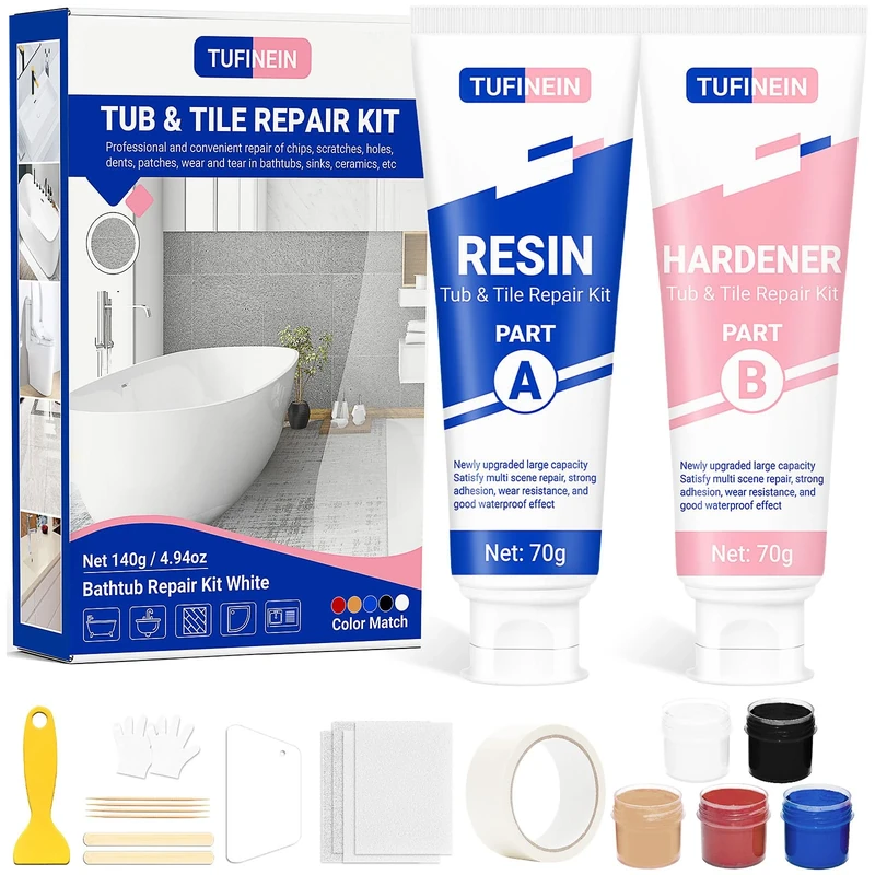 Bathtub Repair Kit 140g (Color Match), TUFINEIN Ceramic Repair Kit for Porcelain, Fiberglass, Enamel, Ceramic, Acrylic Repair and Fix Chips, Cracks, Scratches, Holes on Tub/Tile/Sink/Shower Tray