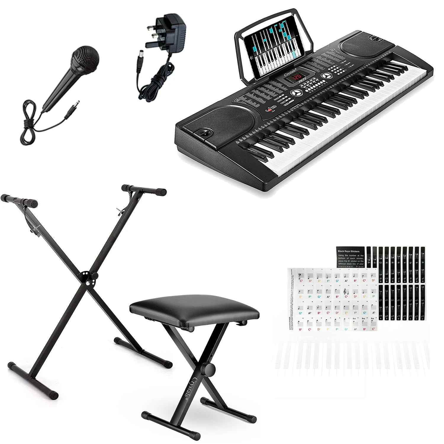 Crystals 61-Key Digital Keyboard Piano Set for Beginners with Adjustable Keyboard Stand, Padded Piano Stool & Microphone – LCD Display, 128 Timbres & Rhythms, Record Mode, Headphone Jack - Black