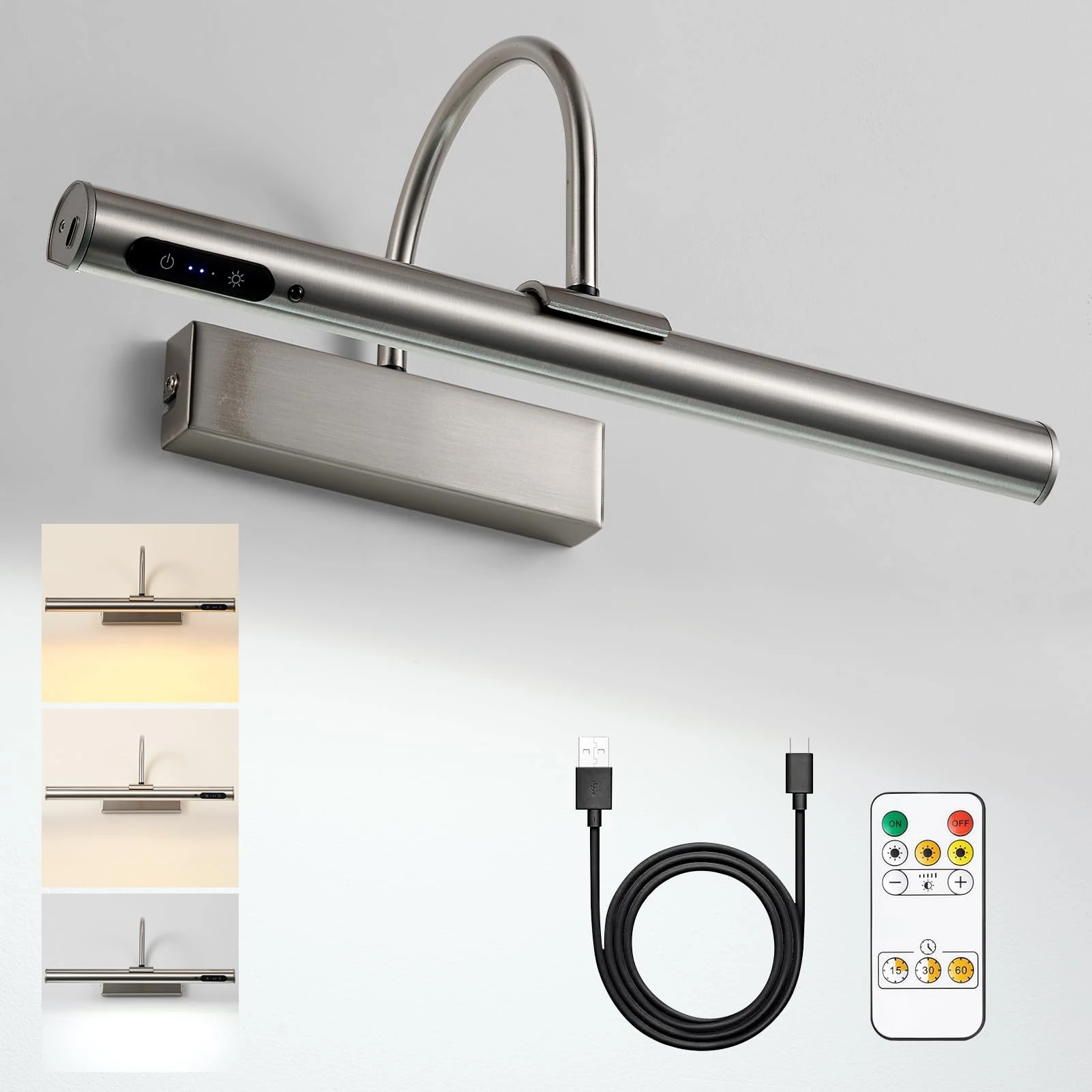 HARPER LIVING Rechargeable Picture Light Satin Nickel, Battery Operated Wall Light with Touch & Remote Control, Dimmable 3 Color Temps, Magnetic Wireless Wall Lamp for Pictures Frame Gallery