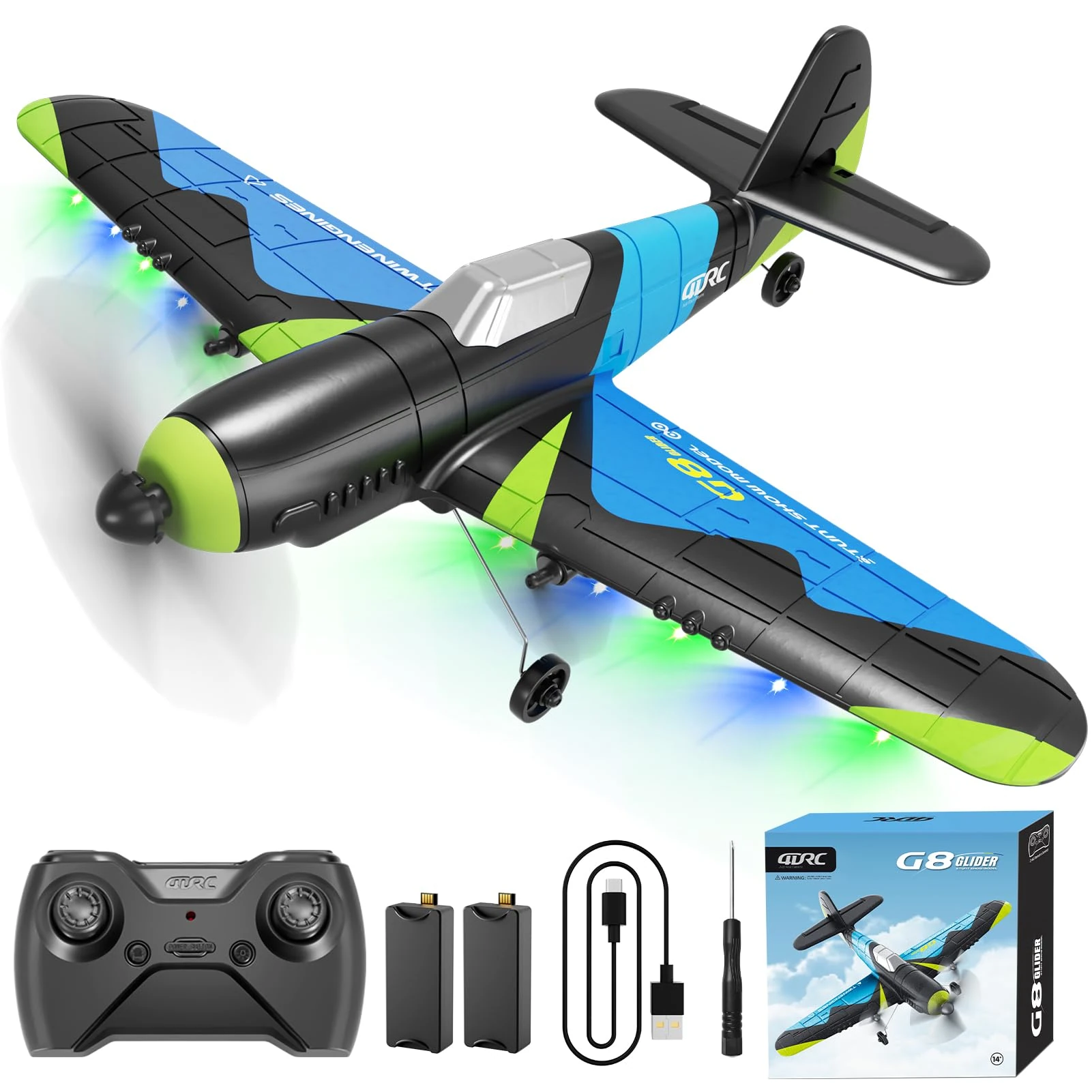 4DRC G8 RC Plane with 2 Take-off Modes, 2 Batteries and Light, 2.4GHz 6 axis Gyro Stabilizer RTF Glider Remote Control Aircraft Planes Jet Fighter Toys Gift for Kids Beginners Adults
