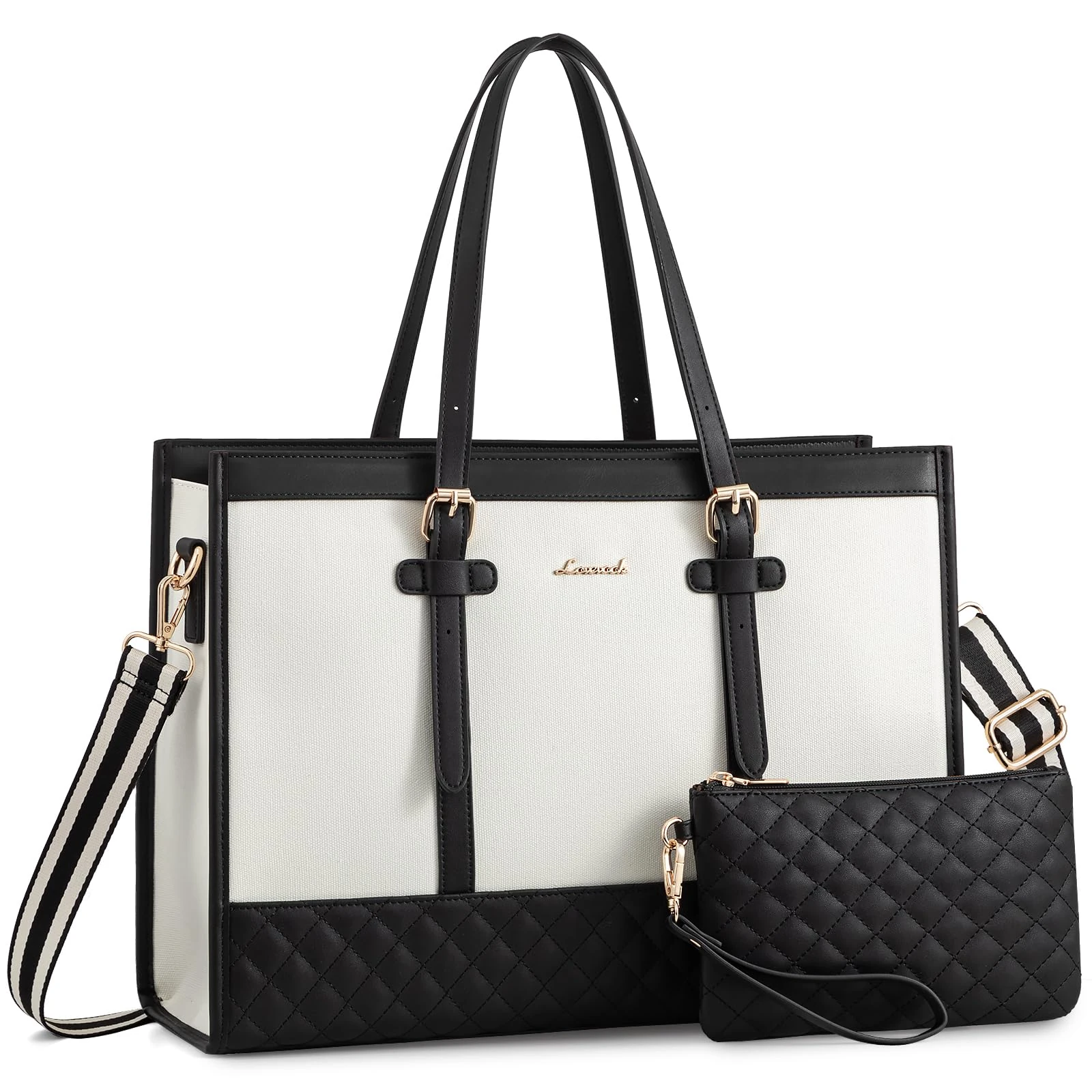 LOVEVOOK 17.3 Inch Laptop Bags for Women, Ladies Handbags for Work Business, Womens Large Tote Bag, Shoulder Bag with Clutch Lightweight for Office Business School College Shopping, Black White