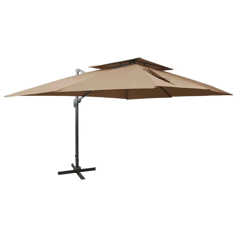 vidaXL cantilever garden parasol - double top canopy outdoor patio umbrella - taupe, aluminium frame, 400cm x 300cm, crank lift & 360-degree rotation