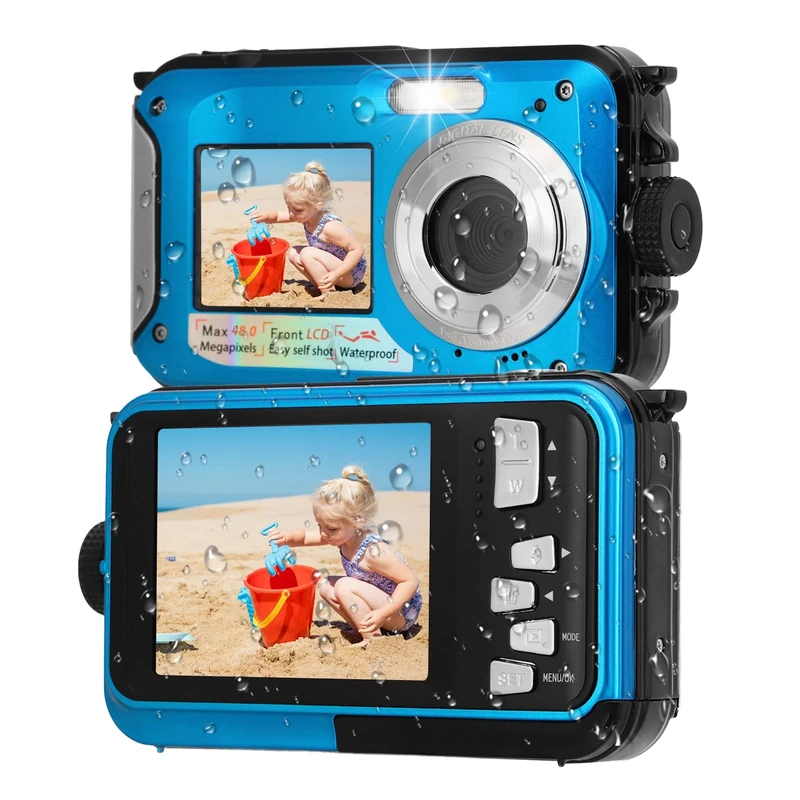 Underwater Camera, 11FT Water Proof Camera, Full HD 2.7K 48MP Autofocus Selfie Dual Screen Water Camera with Floating Strap, Fill Light Underwater Camera for Snorkeling (Blue)
