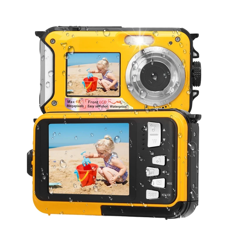 Underwater Camera, 11FT Water Proof Camera, Full HD 2.7K 48MP Autofocus Selfie Dual Screen Water Camera with Floating Strap, Fill Light Underwater Camera for Snorkeling (Yellow)