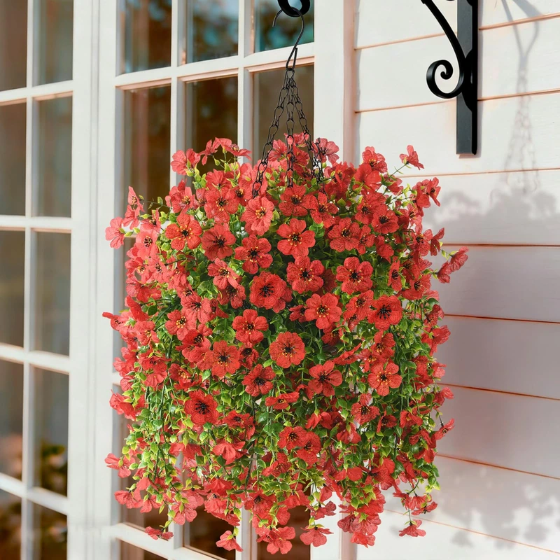 Artificial Flowers Hanging Baskets, 4 Bundles Outdoor Hanging Basket Spring Summer Decoration, No Fade Realistic Fake Hanging Flowers Plants for Porch Patio Balcony Home Yard Decor(Red)
