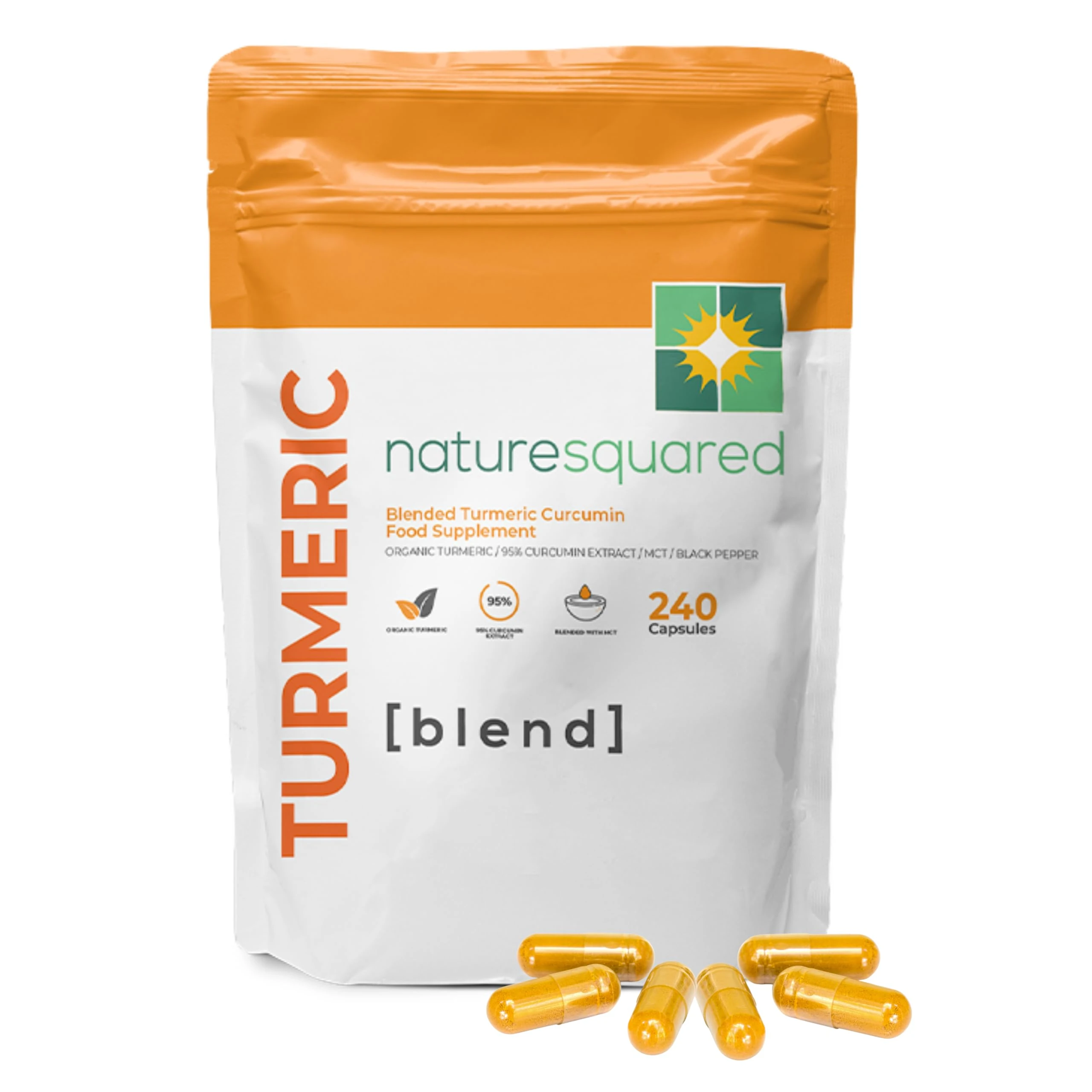NATURE SQUARED Turmeric [Blend]: Premium Turmeric (2335mg) and Black Pepper Capsules with 95% Curcumin&MCTs - 240 High Strength Capsules - 8 Month Supply - Vegan - Non GMO - Gluten Free - GMP- UK Made