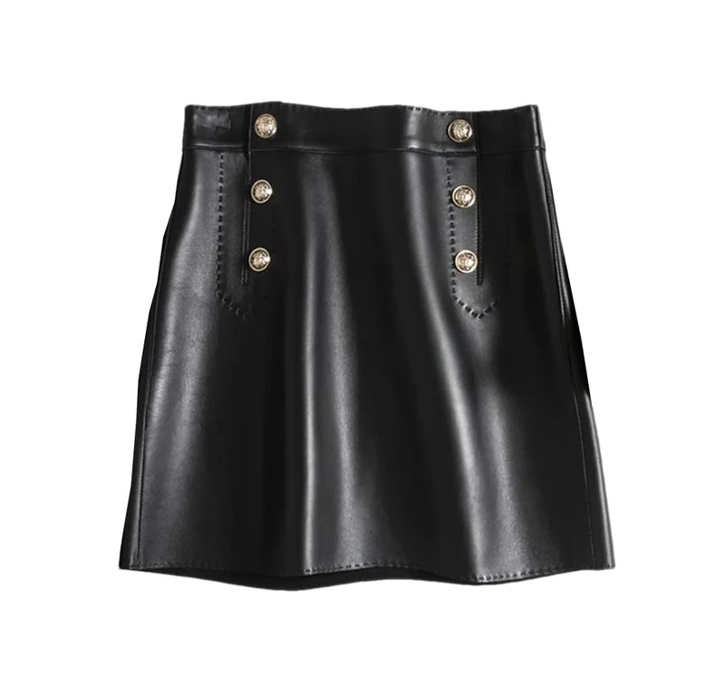 Women Arch Needle High Waist Wrap Leather Double Breasted Metal Button Mini Skirts Black XXL