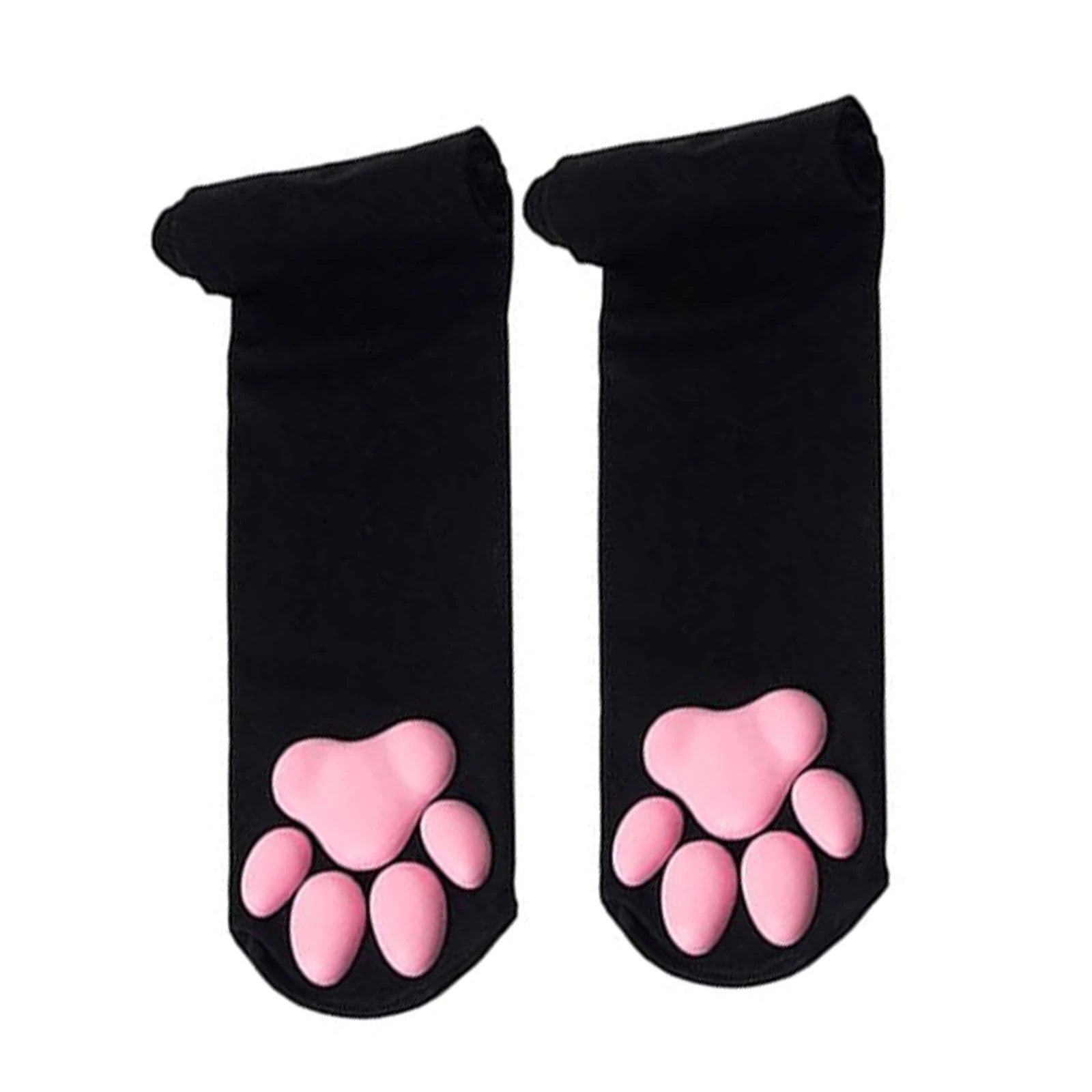 YREYBN 1 Pair Thigh High Socks, Pink Cute Cat Paw Pad Socks, 3D Kitten Claw Stockings for Girls Women, Knee High Socks for Cosplay Halloween Party and Daily Lives(Black)