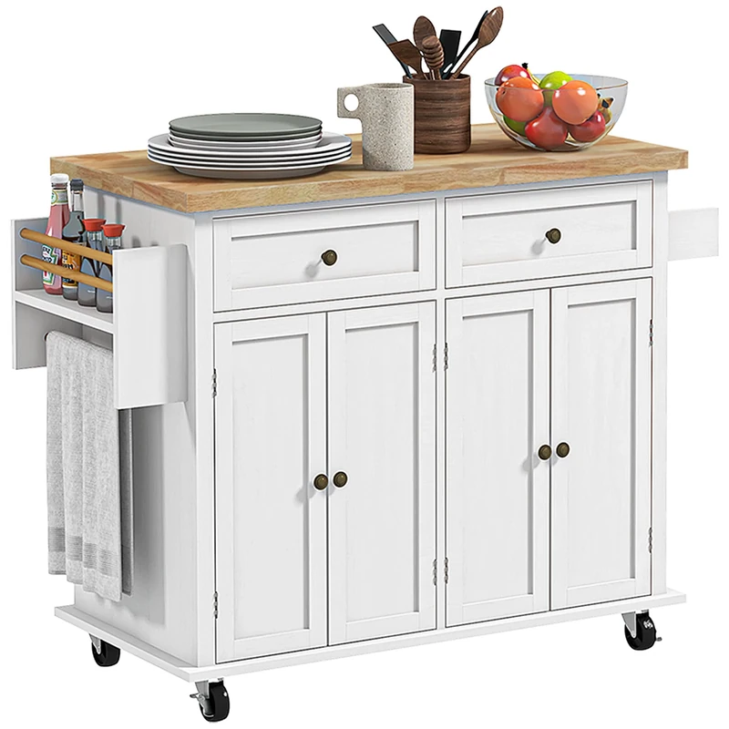 HOMCOM Kitchen Island on Wheels, Rolling Kitchen Storage Trolley with Rubber Wood Top, Drawers, Adjustable Shelves, Towel and Spice Rack for Dining Room, White