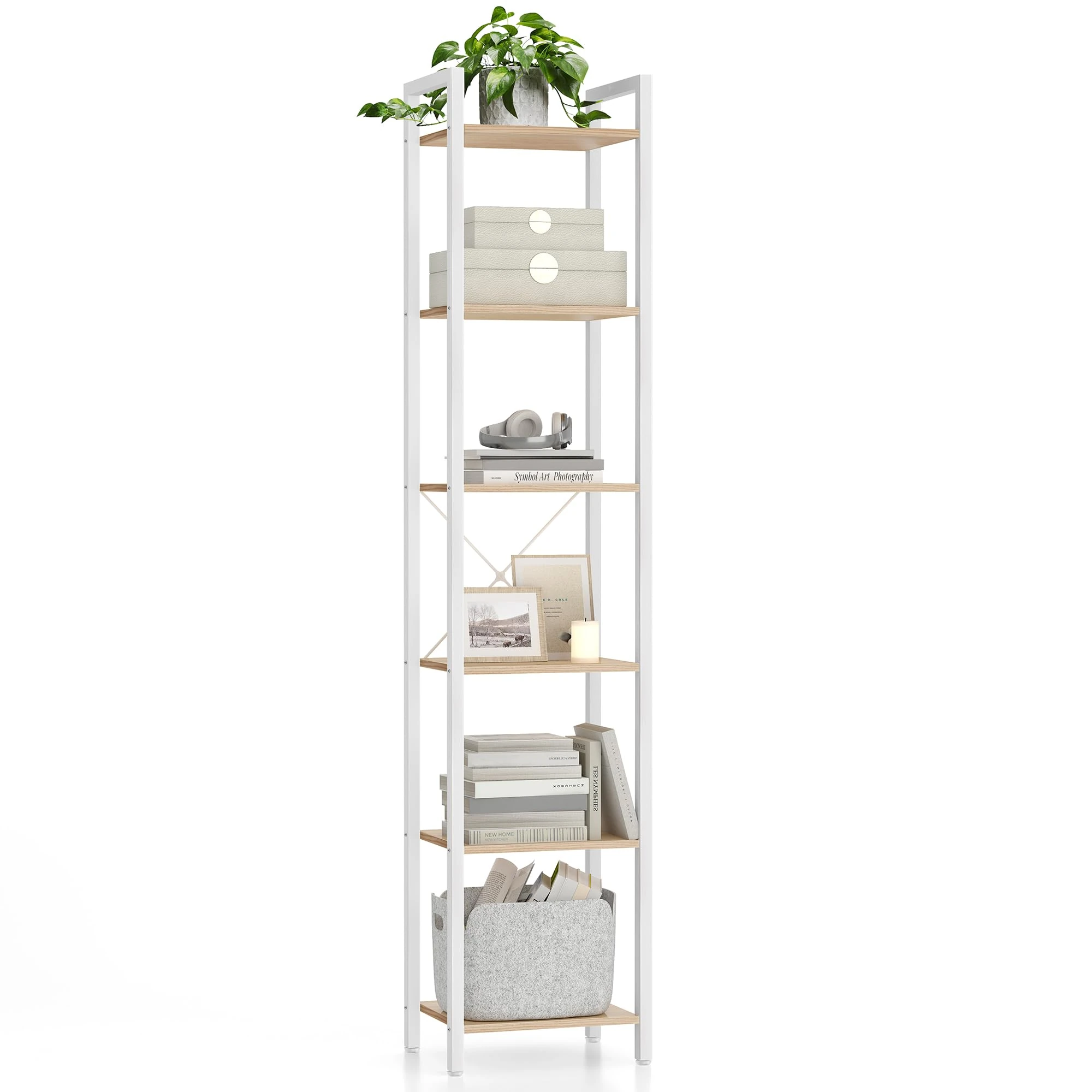 VASAGLE 6-Tier Bookshelf, Bookcase, Shelving Unit, for Office, Study, Living Room, Bedroom, 30 x 40 x 187.5 cm, Industrial, Natural Beige and Cloud White LLS101N01