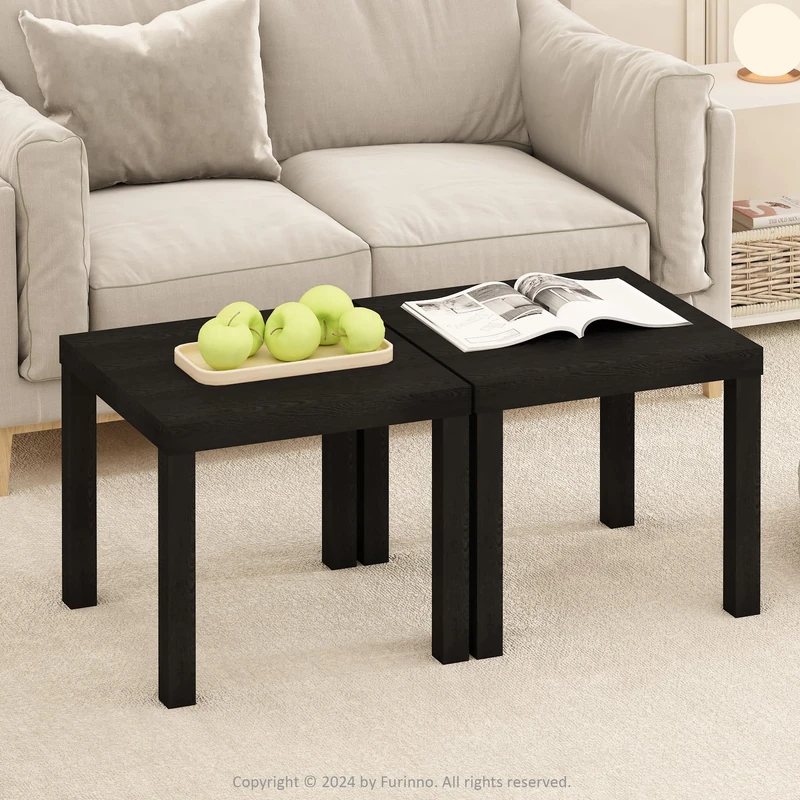 Furinno CLASSIC Coffee Table Set of 2, Square Modern Coffee Table with 1.8 Thick Tabletop, Side Table with 4 Legs, for Living Room, Bedroom, Home Office, Black