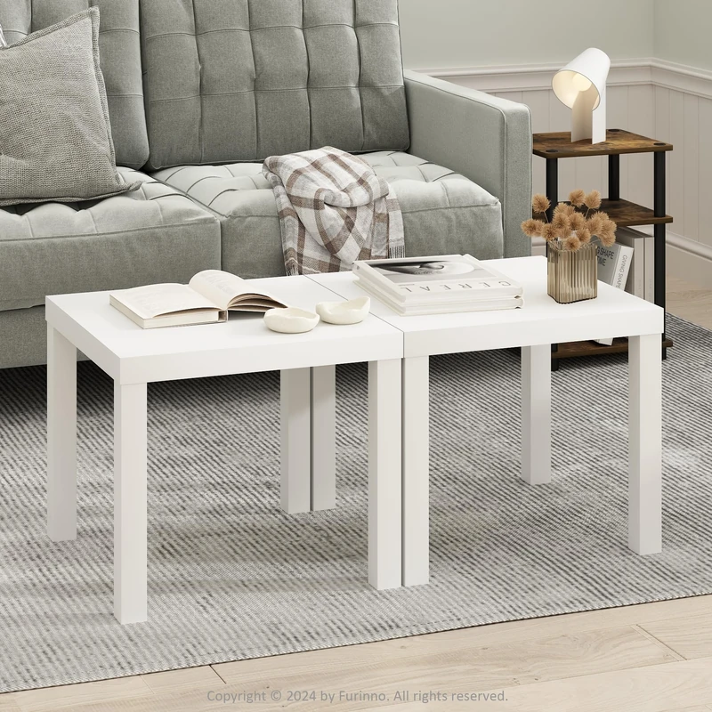 Furinno CLASSIC Coffee Table Set of 2, Square Modern Coffee Table with 1.8 Thick Tabletop, Side Table with 4 Legs, for Living Room, Bedroom, Home Office, White