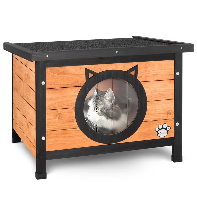VOUNOT® Cat House Garden Wooden Kitten Home with Cat Ear Design Door, Water-resistant Openable Roof Outdoor Pet Shelter 57x45x43cm