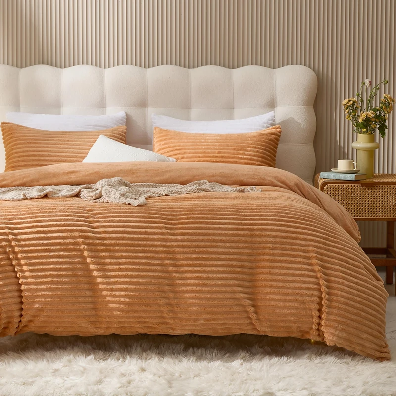 JELLYMONI Plush Duvet Cover Set - King Size Orange Striped Fluffy Comforter Cover 3pcs Bedding Set Luxury Ultra Soft Faux Fur Duvet Cover with Zipper and 2 Pillowcases (NO Comforter)