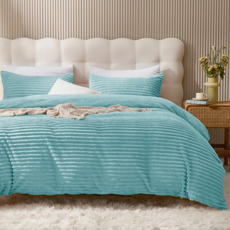 JELLYMONI Plush Duvet Cover Set - Queen Size Light Blue Striped Fluffy Comforter Cover 3pcs Bedding Set Luxury Ultra Soft Faux Fur Duvet Cover with Zipper and 2 Pillowcases (NO Comforter)