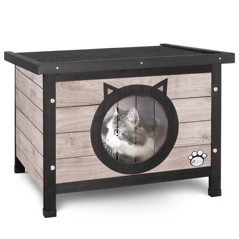 VOUNOT® Cat House Garden Wooden Kitten Home with Cat Ear Design Door, Water-resistant Openable Roof Outdoor Pet Shelter 57x45x43cm, Grey