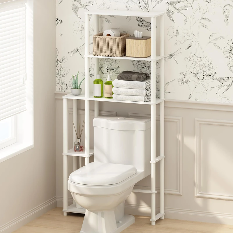 Furinno TURN-N-TUBE Over The Toilet Storage, 5-Shelf Over The Toilet Organizer, Freestanding Space Saver Bathroom Shelf, for Bathroom Organizers and Storage, Plain White
