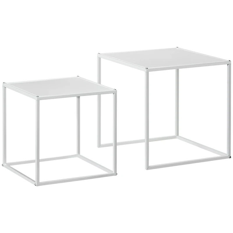 HOMCOM Square Coffee Table, Set of 2, Side Table in Modern Design, Steel Frame, Stackable, Living Room Table, Coffee Table, Sofa Table for Living Room, Bedroom, White