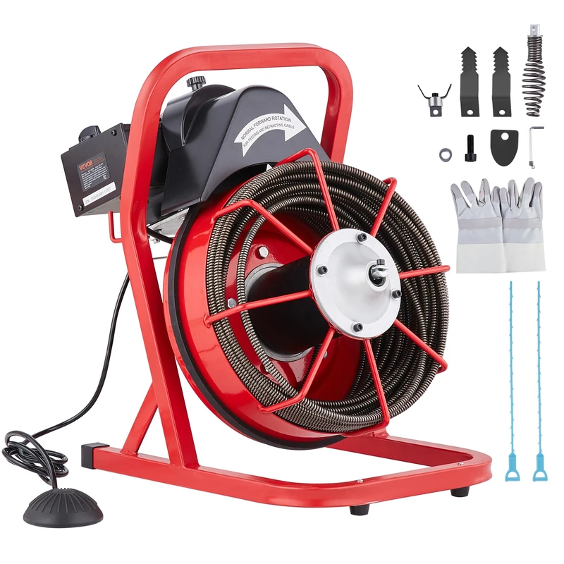 VEVOR 250W Electric Pipe Unblocker Pipe Cleaning Machine 22.8m x 9.5mm Manual Pipe Cleaner with 4 Pneumatic Foot Operated Cutters for 5-10cm Pipes