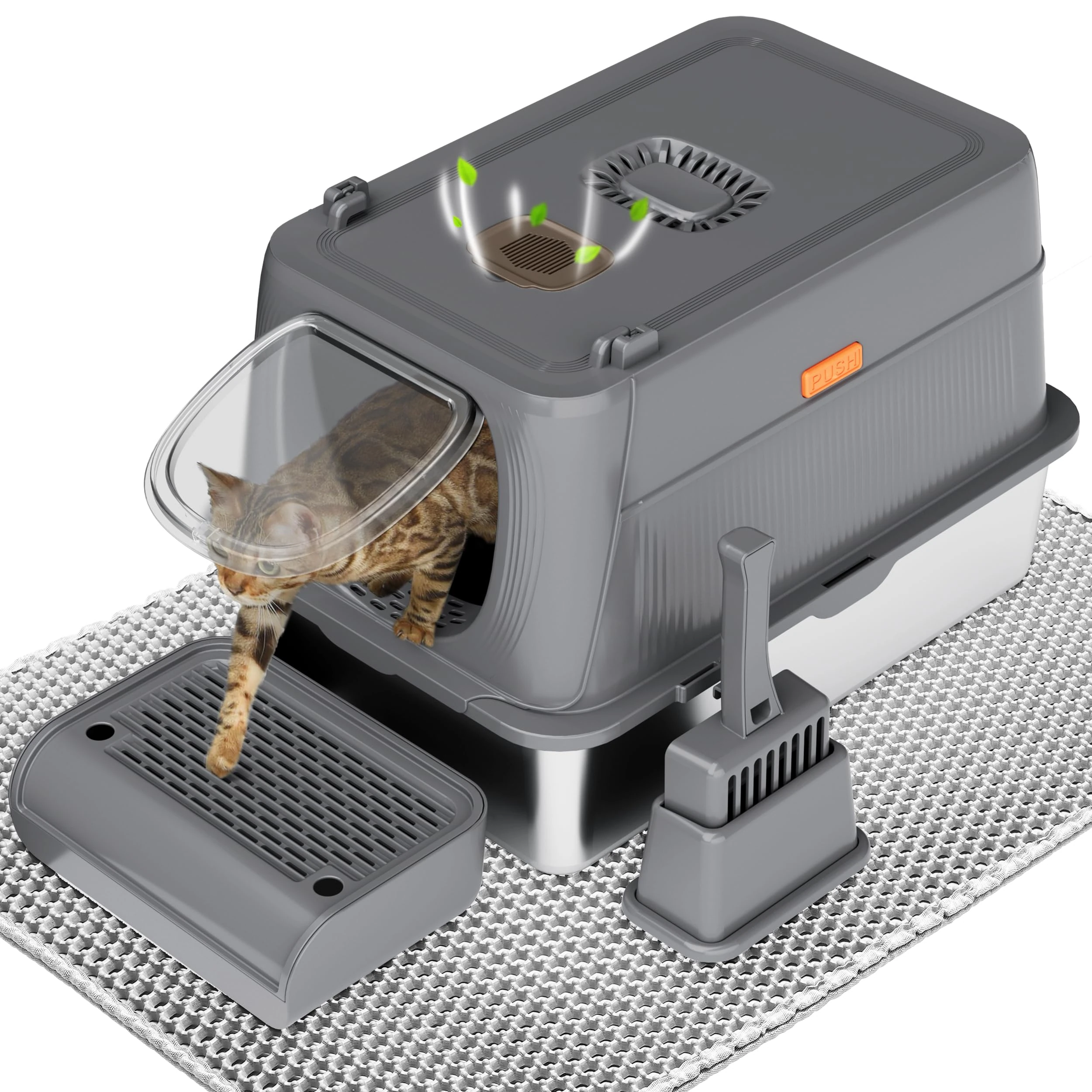 Citylife XL Stainless Steel Cat Litter Tray with Lid, Extra Large Enclosed Metal Litter Box with Litter Scoop&Double Layer Litter Mat, Non-Sticky, Non-Odor, Easy Cleaning, for Big Cats