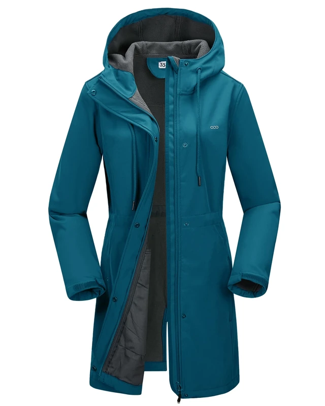 33,000ft Women’s Softshell Jacket with Hood Waterproof Ladies Functional Jacket Fleece Lined Windbreaker Breathable Raincoat Hooded Long Coats for Cycling Hiking Outdoor Dark Greenish Blue M