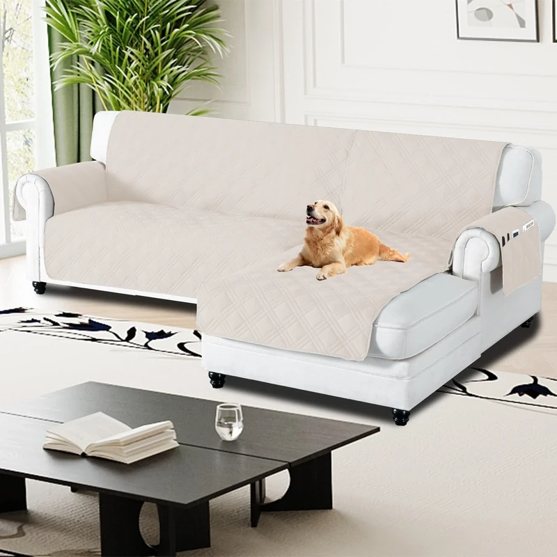 H.Versailtex 100% Waterproof Couch Covers for Sectional Sofa 2-Piece Non Slip Corner Sofa Cover Sectional Couch Cover L Shaped for Dogs (Left Chaise Lounge Cover + 3 Seat Sofa Cover, Frenchoak)