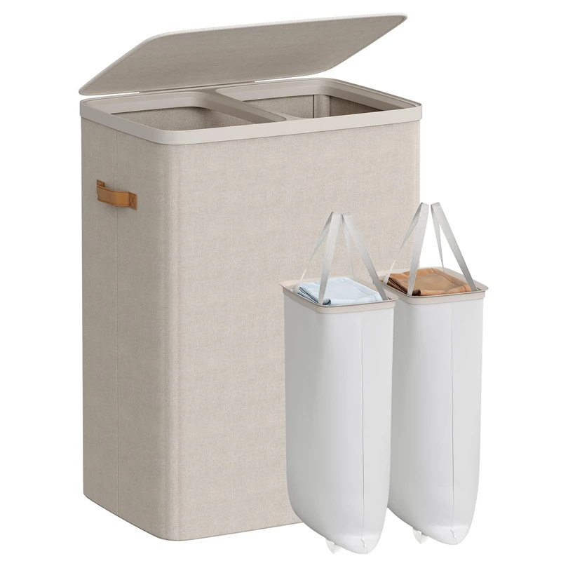 SONGMICS Laundry Basket, 170 L Dual Compartment Laundry Hamper, with Lid and Handles, Removable Liners, Easy Assembly, 56 x 40 x 75 cm, Cappuccino Beige LCB813L01