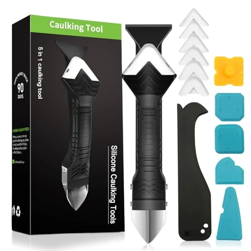 Caulking Tool 5 in 1 Silicone Caulking Grout Removal Sealant Finishing Tool with Grout Scraper, 6 Exchange Silicone Pads, Adhesive Residue Scraper Seam Repair Kit for Kitchen Bathroom White