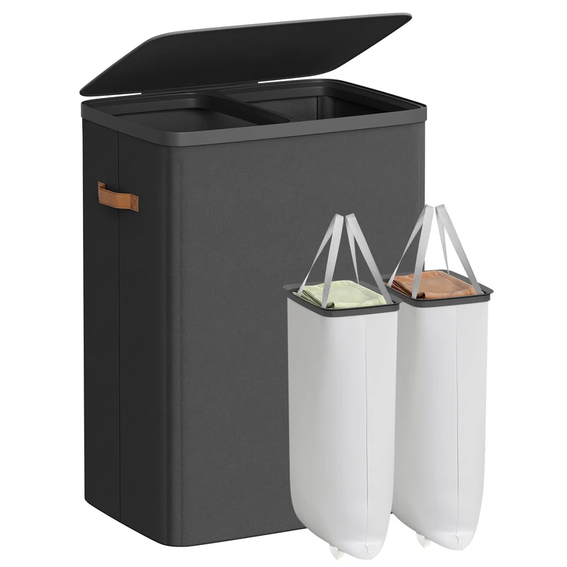 SONGMICS Laundry Basket, 170 L Dual Compartment Laundry Hamper, with Lid and Handles, Removable Liners, Easy Assembly, 56 x 40 x 75 cm, Ink Black LCB813B01