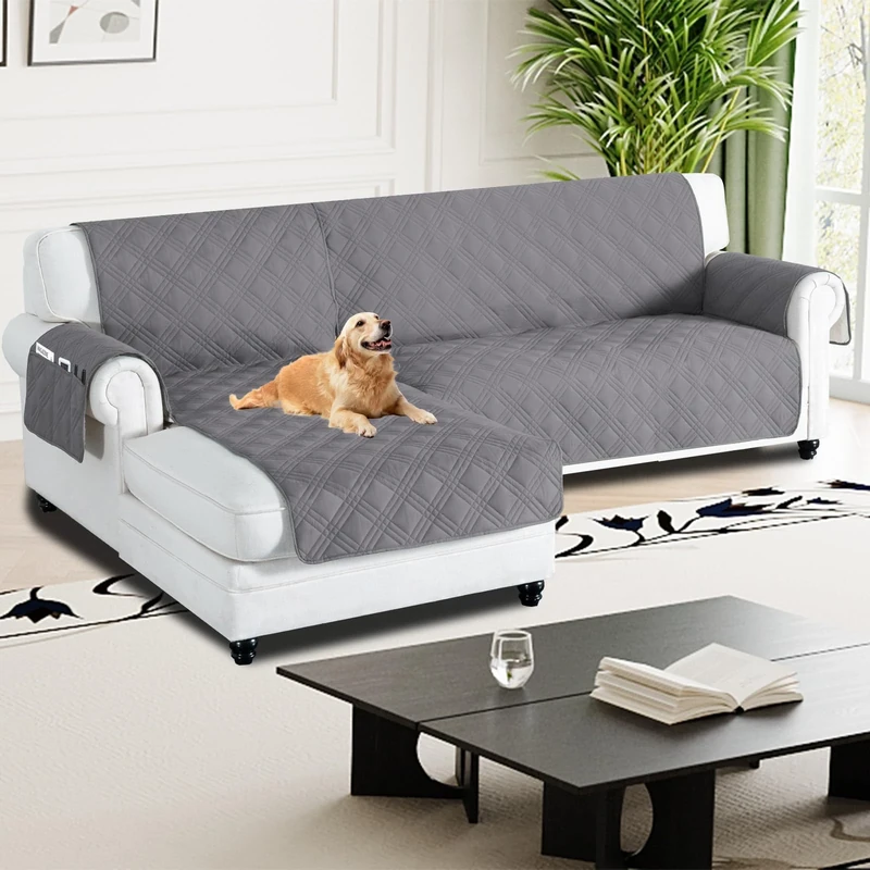 H.Versailtex 100% Waterproof Couch Covers for Sectional Sofa 2-Piece Non Slip Corner Sofa Cover Sectional Couch Cover L Shaped for Dogs (Left Chaise Lounge Cover + 3 Seat Sofa Cover, Grey)