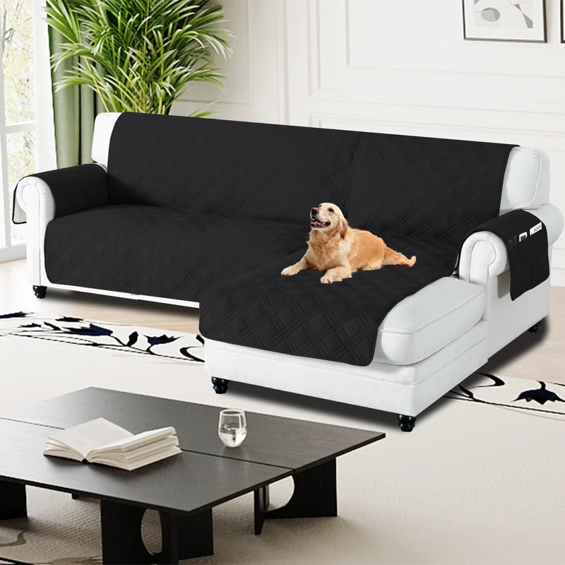 H.Versailtex 100% Waterproof Couch Covers for Sectional Sofa 2-Piece Couch Covers Sectional Chaise Sofa Cover L Shaped for Dogs Non Slip (Right Chaise Lounge Cover + 3 Seat Sofa Cover, Black)