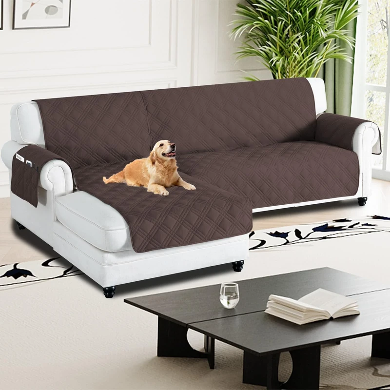 H.Versailtex 100% Waterproof Couch Covers for Sectional Sofa 2-Piece Non Slip Corner Sofa Cover Sectional Couch Cover L Shaped for Dogs (Left Chaise Lounge Cover + 3 Seat Sofa Cover, Brown)