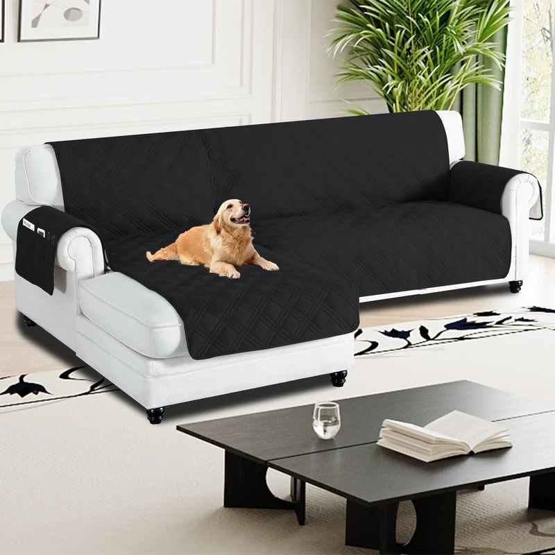 H.Versailtex 100% Waterproof Couch Covers for Sectional Sofa 2-Piece Non Slip Corner Sofa Cover Sectional Couch Cover L Shaped for Dogs (Left Chaise Lounge Cover + 3 Seat Sofa Cover, Black)