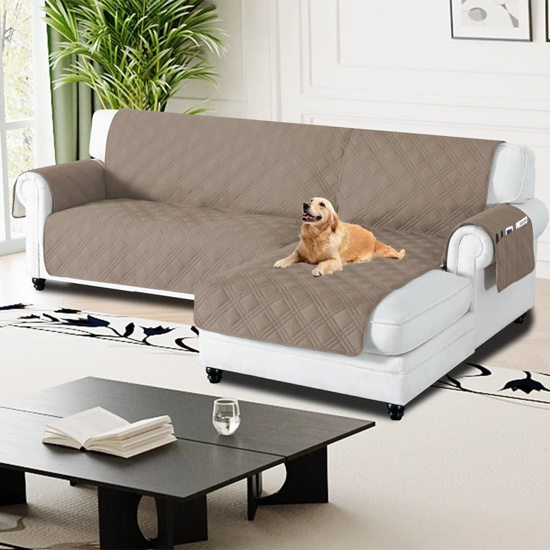 H.Versailtex 100% Waterproof Couch Covers for Sectional Sofa 2-Piece Couch Covers Sectional Chaise Sofa Cover L Shaped for Dogs Non Slip (Right Chaise Lounge Cover + 3 Seat Sofa Cover, Taupe)